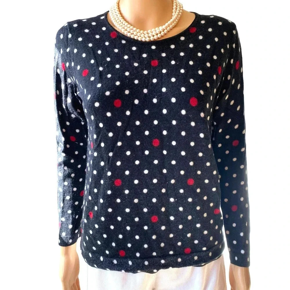 Talbots Pure Merino Wool Black Red & White Poker dots Sweater Women Size M